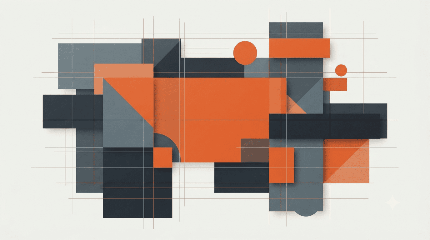 Ilustración abstracta de tendencias de diseño web 2026 con formas geométricas en colores vivos sobre fondo claro
