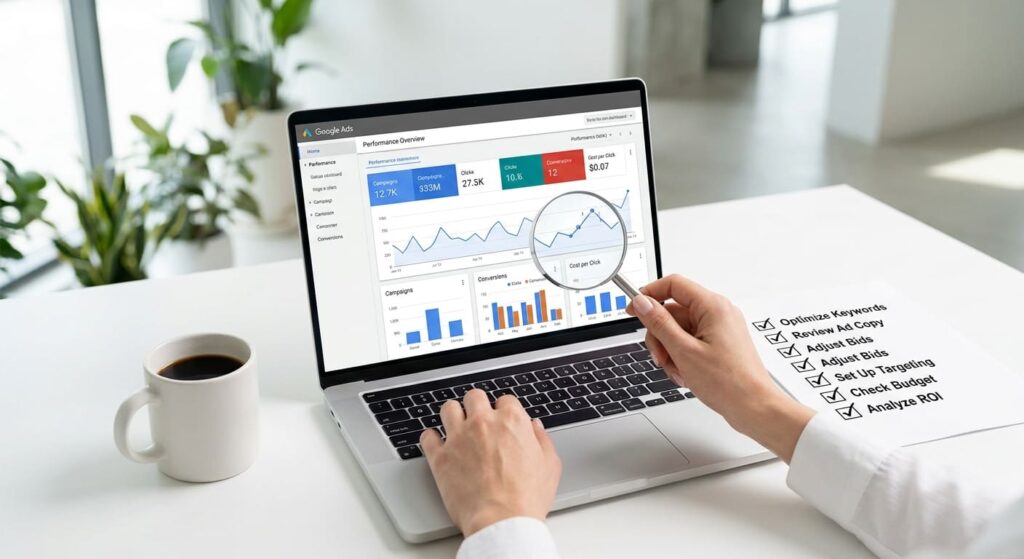 imagen que muestra una laptop con google ads abierto y con una lupa para hacer alusion a la auditoría