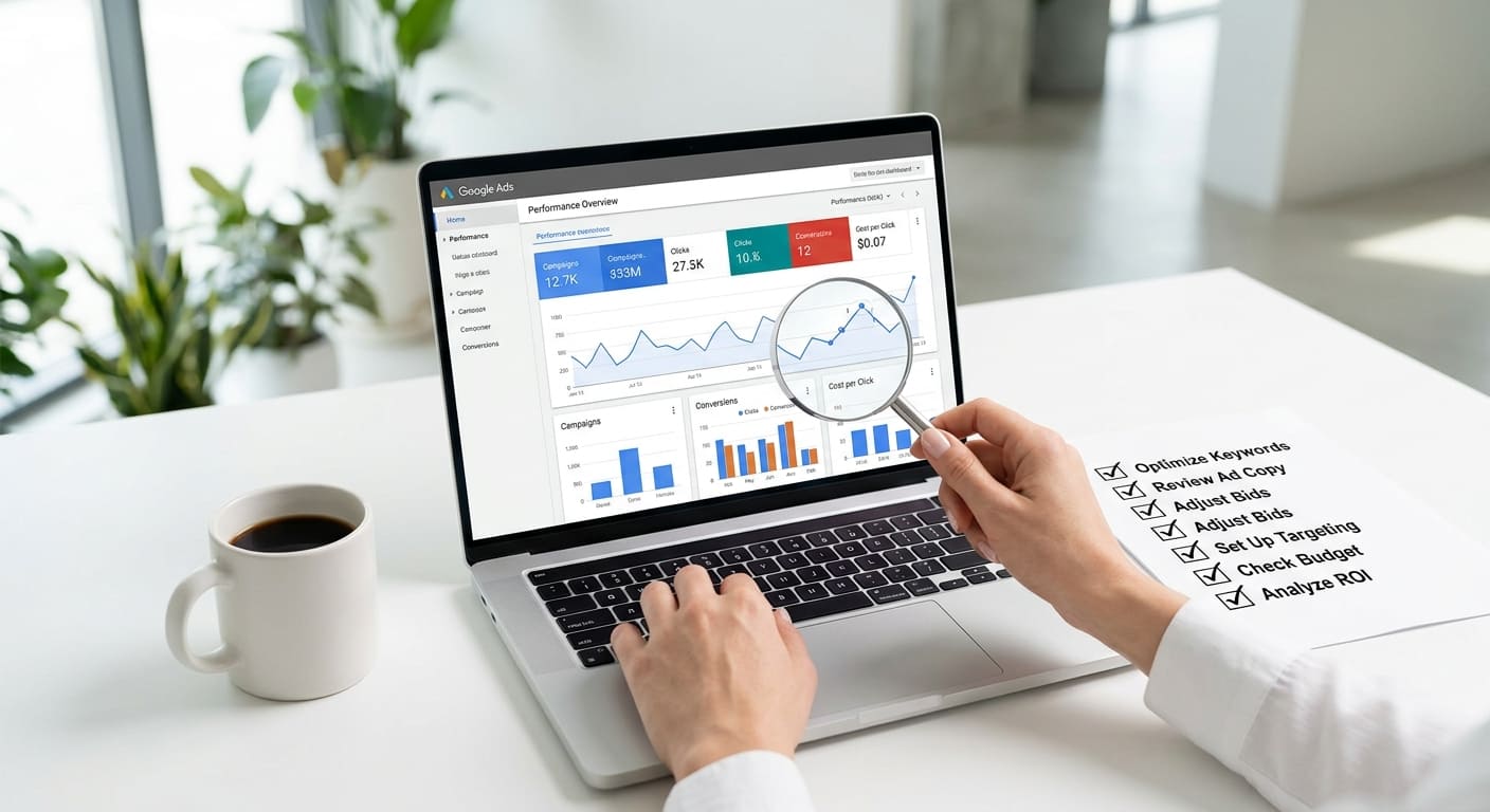 imagen que muestra una laptop con google ads abierto y con una lupa para hacer alusion a la auditoría