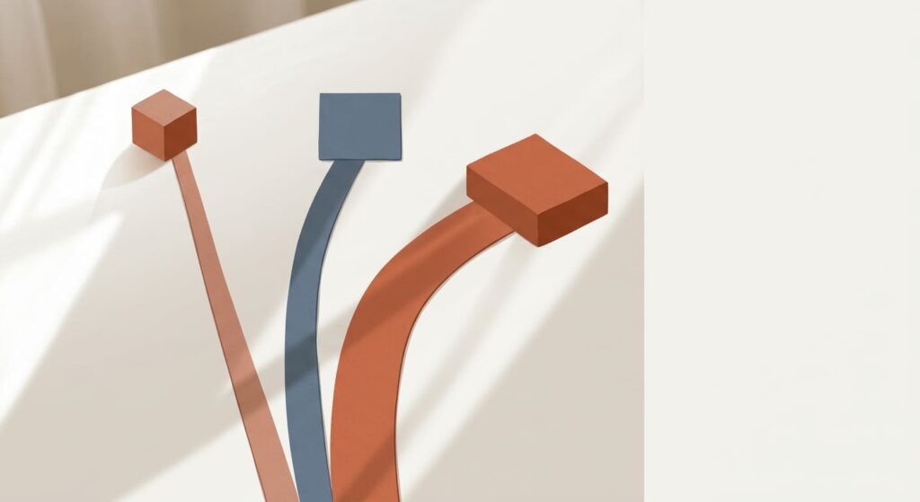 Tres caminos que salen de un mismo punto y terminan en bloques de distinto tamaño, representando la elección entre Shopify, WooCommerce y desarrollo a medida