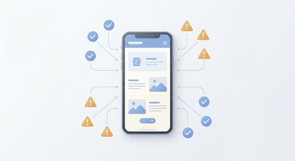 Celular mostrando un sitio web rodeado de íconos de revisión, algunos con palomita y otros con señal de alerta