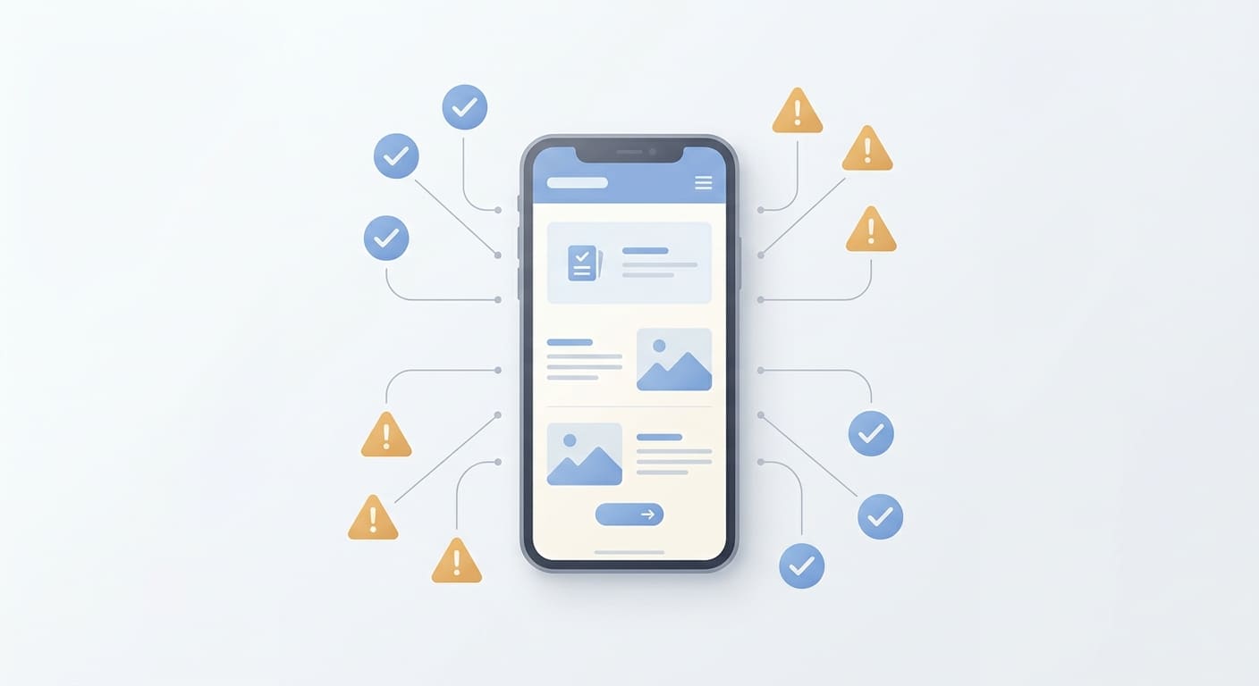 Celular mostrando un sitio web rodeado de íconos de revisión, algunos con palomita y otros con señal de alerta