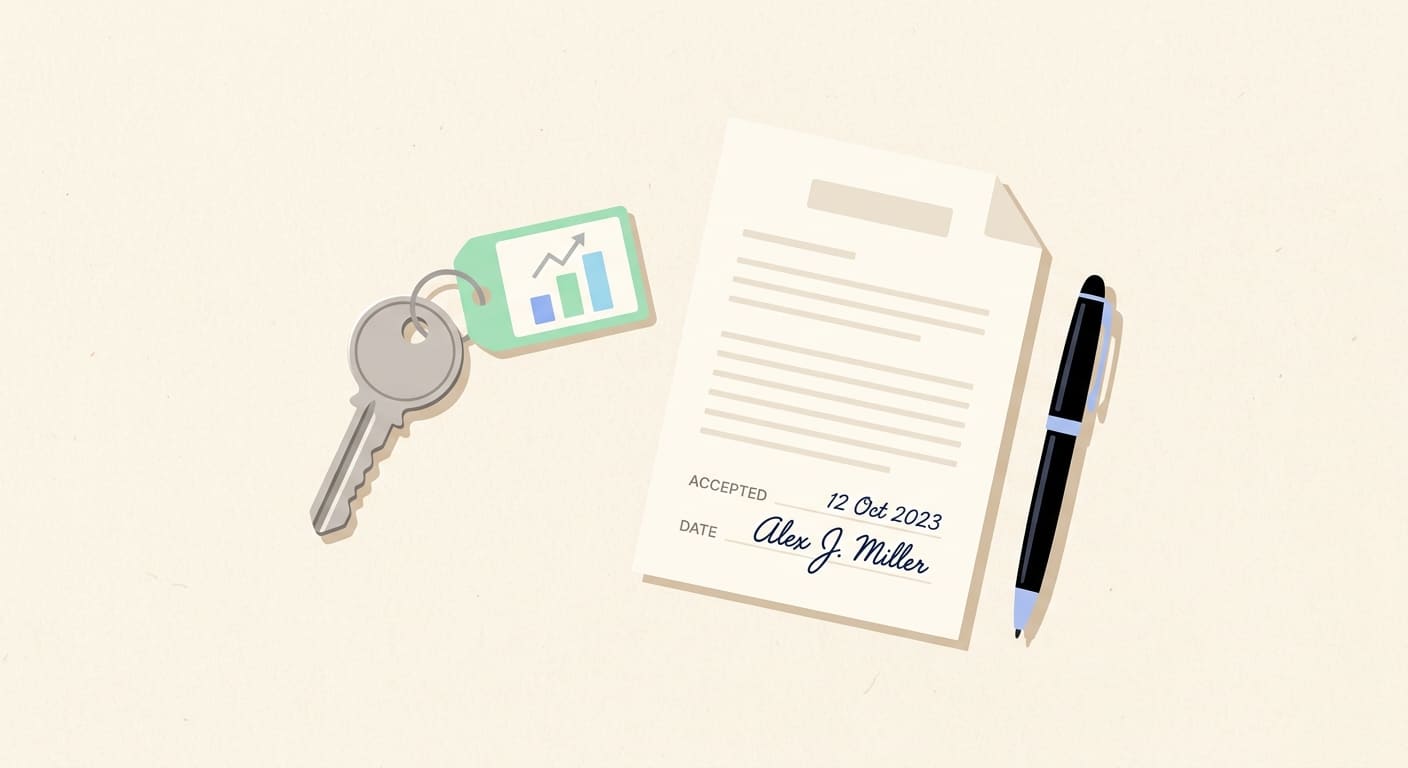 Llave con etiqueta de gráfica junto a un contrato firmado, que representa ser dueño de tu cuenta de Google Ads.